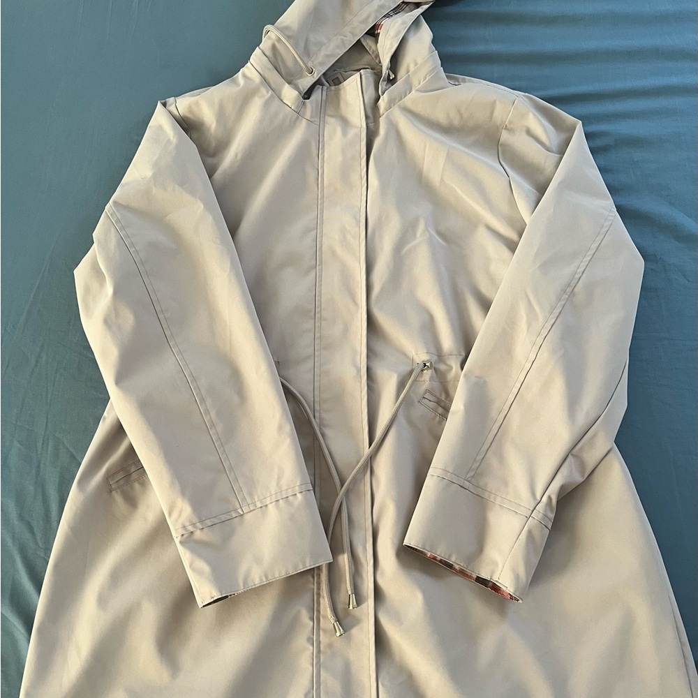 Polydeer Raincoat Womens Size XL Light Gray Hooded Plaid Lined Zip Mid Length